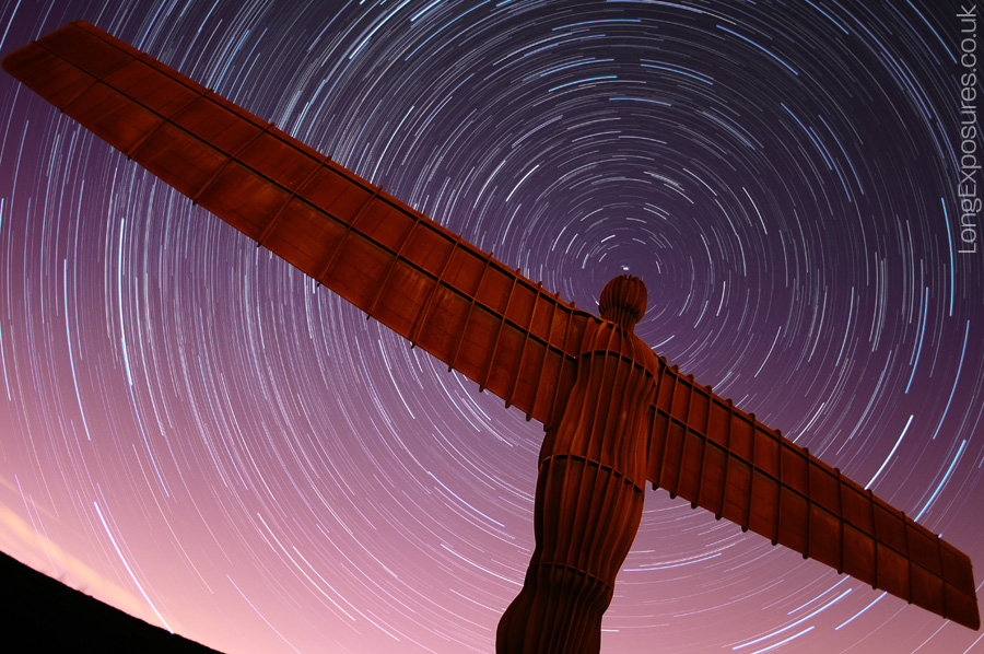 A halo of startrails surrounds Antony Gormley's Angel of the North sculpture in Gateshead, England.